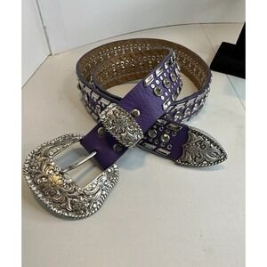 Nocona Women's Purple Rhinestone Buckle Genuine Leather Belt 1996 Bling Sz Small